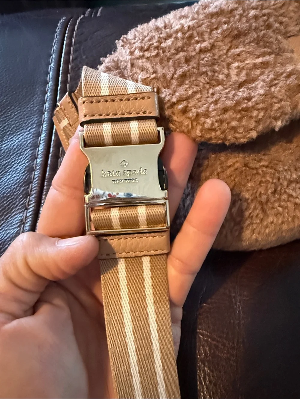 kate spade Tan Faux Fur Crossbody Belt Bag with Striped Strap